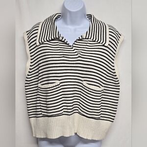Miou Muse L Boxy Knit Vest Stripes Ribbed Collared Cotton Acrylic Pockets